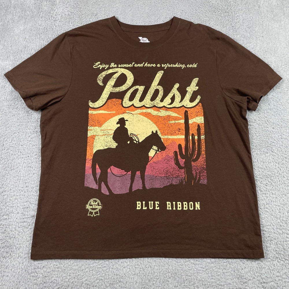 Pabst Blue Ribbon Cowboy Sunset Graphic T-Shirt Mens XL Brown Western Beer Tee